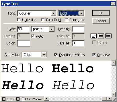 Type Tool dialog box